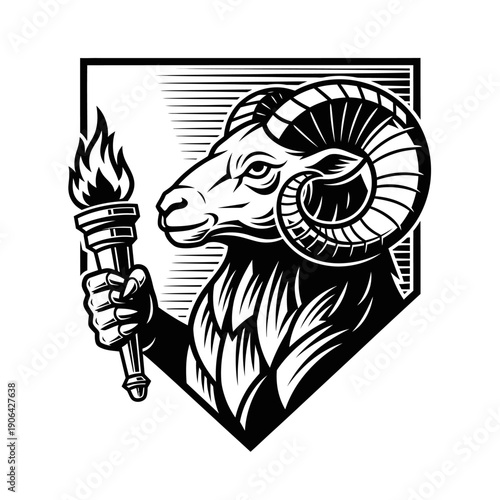 Illustration of a ram holding a torch with flames, symbolizing strength and freedom, viewed from the side in a vintage style