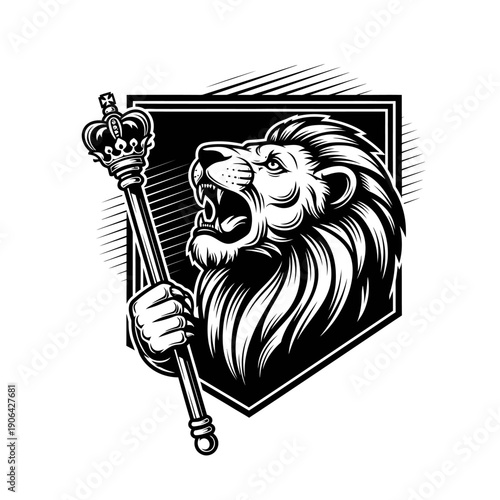 Majestic lion emblem holding a sceptre with a crown, symbolizing power and royalty in a bold black and white illustration