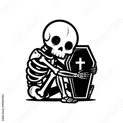 A skeleton hugs a coffin with a cross on it, symbolizing death and mourning in a haunting illustration from a frontal viewpoint.