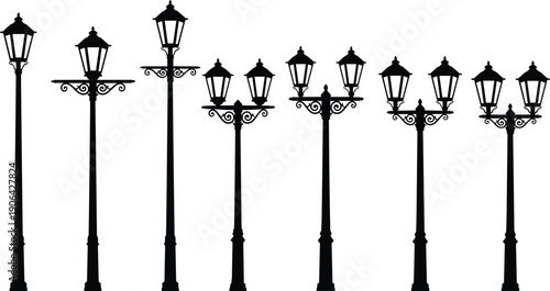 Ornate street lamp silhouettes collection, decorative urban lantern designs,, cityscape, retro outdoor lighting elements, flat vector illustration