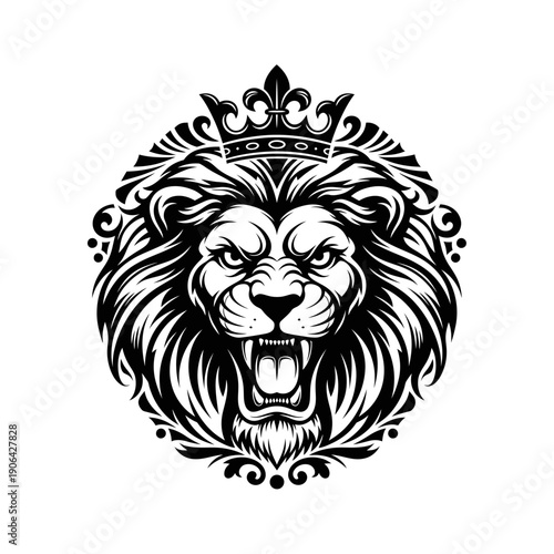 Majestic lion head illustration with crown, mane flowing, roaring fiercely, surrounded by ornate designs in a circular frame from a detailed frontal viewpoint