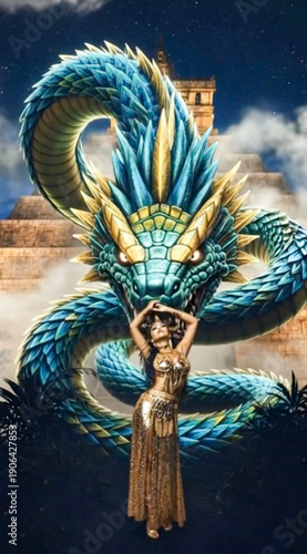 Wallpaper Mural Guerrera azteca con traje dorado y majestuosa serpiente emplumada Quetzalcóatl frente a una pirámide bajo la luna Torontodigital.ca
