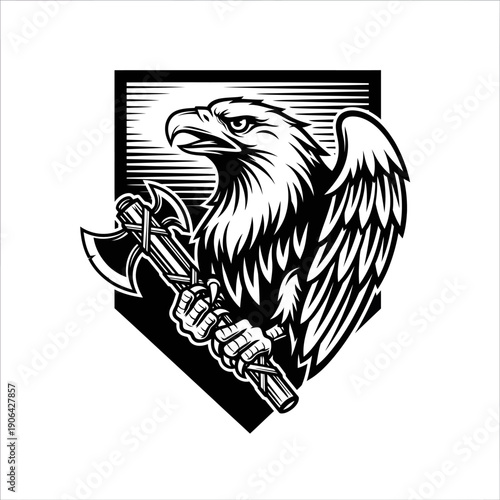 Illustration of eagle holding axe in sharp talons, emblematic shield backdrop, symbolizing strength and freedom in monochrome artwork viewed from the side