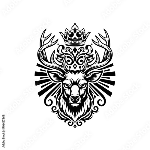 Majestic stag head illustration with regal crown, ornate details, and bold lines on a clean background from a straightforward viewpoint