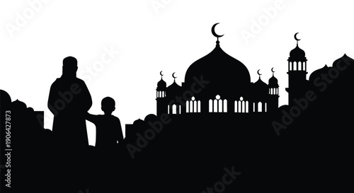 Silhouette of father and son looking at mosque with crescent moon during Ramadan