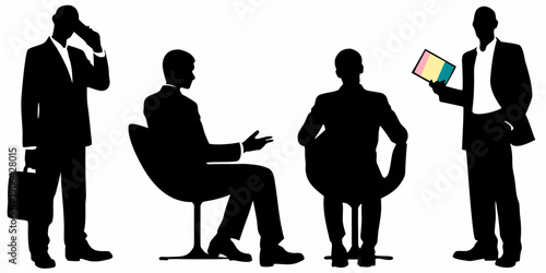 Silhouettes of business people in various poses representing work and communication