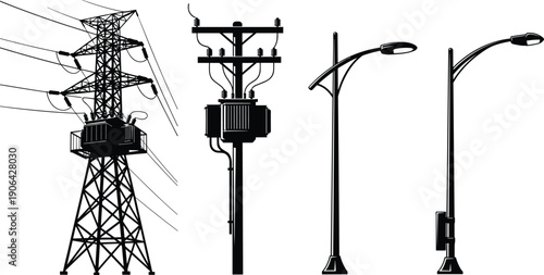 Utility infrastructure silhouettes, electricity distribution, urban architecture, public service elements, flat vector illustration