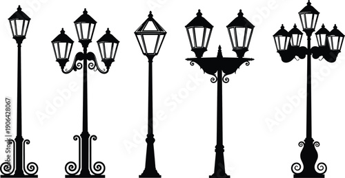 Vintage street lamp silhouettes collection, ornate urban lantern designs, classic decorative streetlights for architecture, cityscape, retro outdoor lighting elements, flat vector illustration