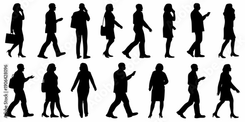 Silhouettes of people walking in various poses business attire and everyday life