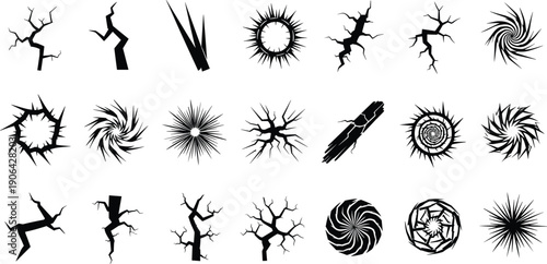 Crack and fracture silhouette collection, broken glass burst patterns, shattered wall effects, damage impact designs for texture, destruction elements, flat vector illustration