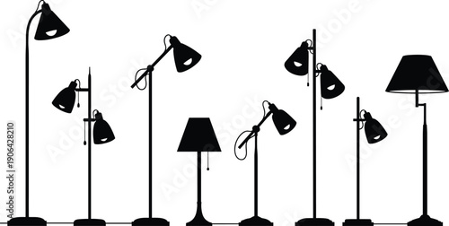 Floor and table lamp silhouettes collection, interior lighting fixture designs, modern and vintage lampshades for home decor, furniture elements, flat vector illustration