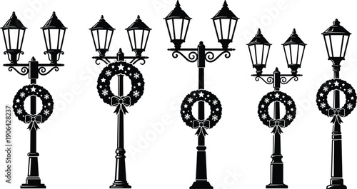 Holiday street lamp silhouettes with wreaths, festive urban lantern designs, Christmas decorations featuring stars, snowflakes, bows, retro outdoor elements, flat vector illustration