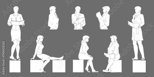 Line art illustration depicting diverse business people in various poses and stances