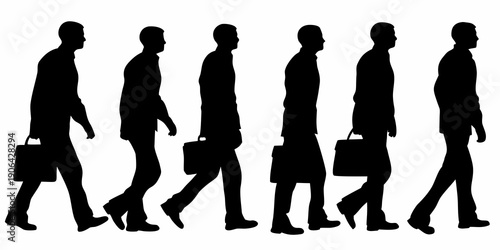 Silhouettes of businessmen walking with briefcases in a linear arrangement