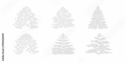 Six grayscale silhouettes of coniferous trees arranged in a grid pattern