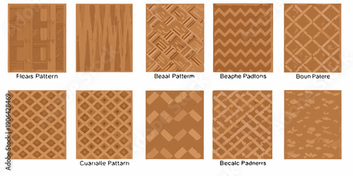 A collection of various brown and orange patterned rectangular tile designs