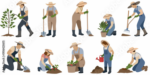 Illustrations of farmers working in various gardening and agricultural activities