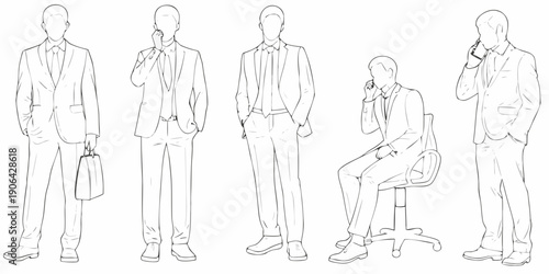 Line art illustration of men in suits some using mobile phones