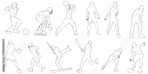 Line art illustrations depicting various poses of cricket players in action