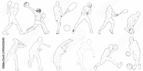 Line art illustration depicting various stages of a tennis serve and swing