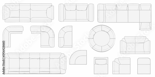 A collection of modern sofa and seating arrangement outline designs for interiors