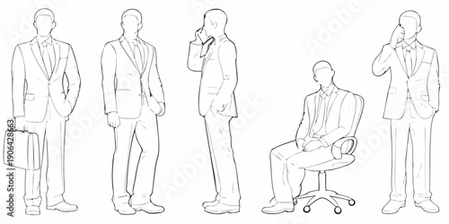 Line art illustration of businessmen in various poses and office settings