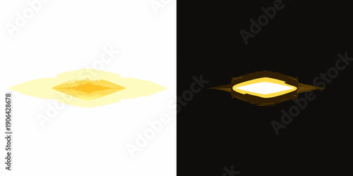 A contrasting depiction of a glowing geometric shape in light and darkness