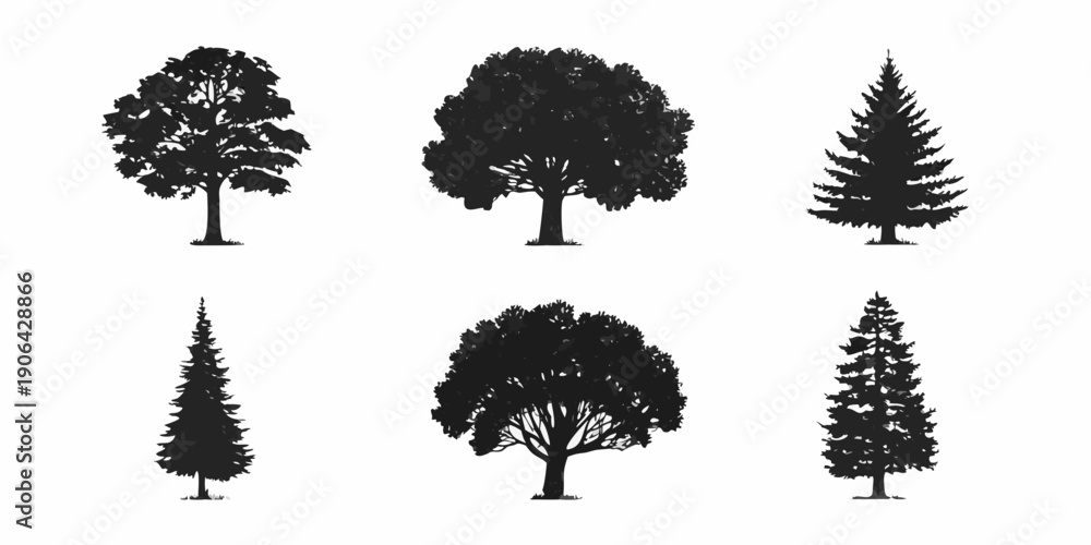 Fototapeta premium Silhouette collection of various tree types in a simple black and white style