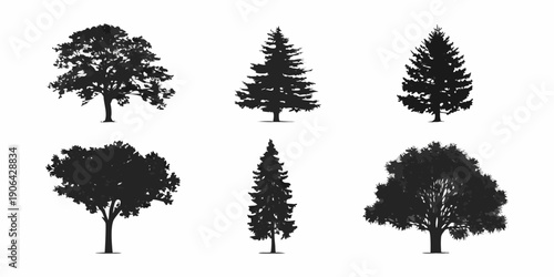 Collection of various tree silhouettes against a plain white background