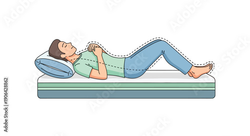 A man sleeping on his side on a mattress depicted as a dotted outline on transparent background silhouette high quality professional