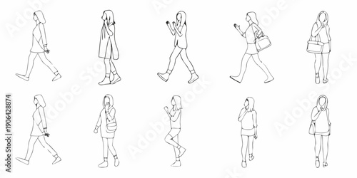 Line art illustration of women walking in various poses and outfits