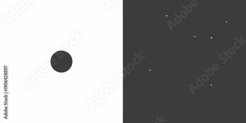 A stark composition of black and white with a dark circular shape and stars
