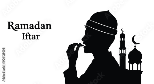 Man breaking fast during Ramadan iftar with mosque silhouette