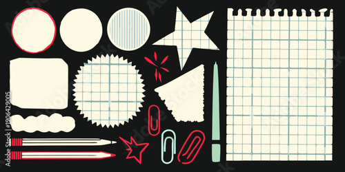 Stationery elements including circles star notepad and pencil on black background