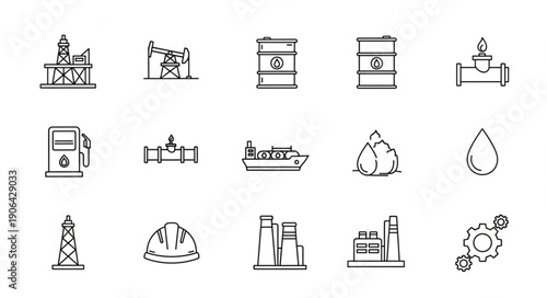 Collection of industrial and energy related icons in sketch style.