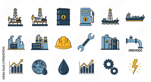 Collection of industrial and energy related icons and symbols.