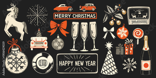 Festive holiday illustrations featuring christmas and new year elements in sketch style