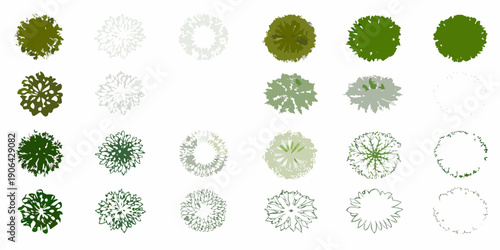 An assortment of various green tree top views in a grid pattern
