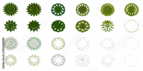 Collection of varied green and pale tree top views arranged in a grid