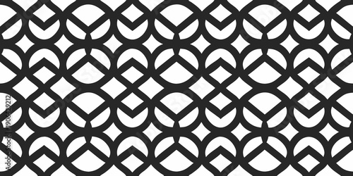 Intricate black and white geometric pattern featuring repeating diamond and wave shapes