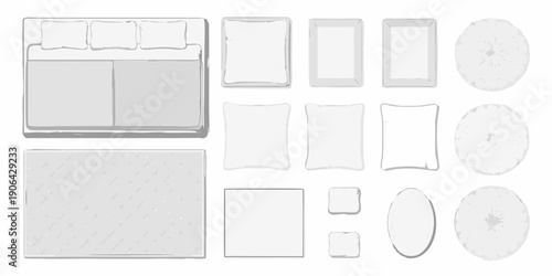 Overhead view of furniture sofa pillows rugs and circular table elements