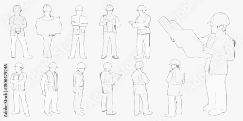 Diverse group of construction workers and engineers in various poses illustrated