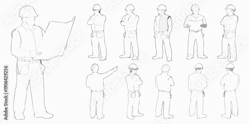 Line art illustration displaying construction workers in various poses and outfits