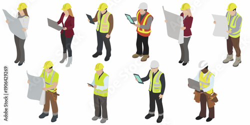 Isometric construction workers reviewing blueprints and utilizing digital devices