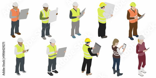 Isometric illustration of construction workers reviewing plans and utilizing technology
