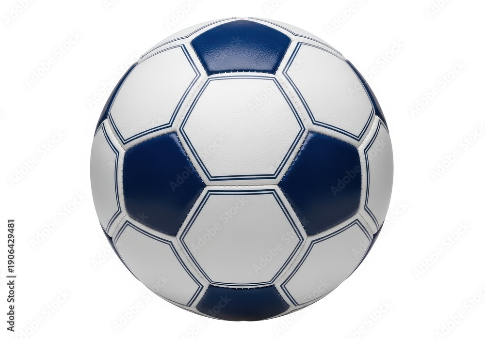 Fototapeta premium Spherical competition sphere featuring alternating dark blue and white pentagonal and hexagonal panels is centered against a pure white background.