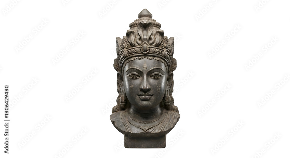 Obraz premium Stone Head Sculpture of Lord Shiva with Intricate Crown Featuring Cobras, Detailed Facial Features, Isolated on White