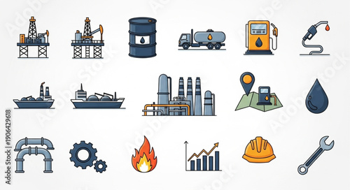 Collection of industrial and energy industry icons and symbols.