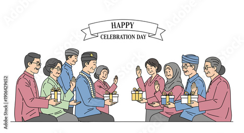 Diverse family members exchanging gifts on celebration day, vector illustration for banner or poster, festive scene with colorful presents and traditional clothing,