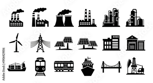 Collection of industrial and energy production icons in silhouette.